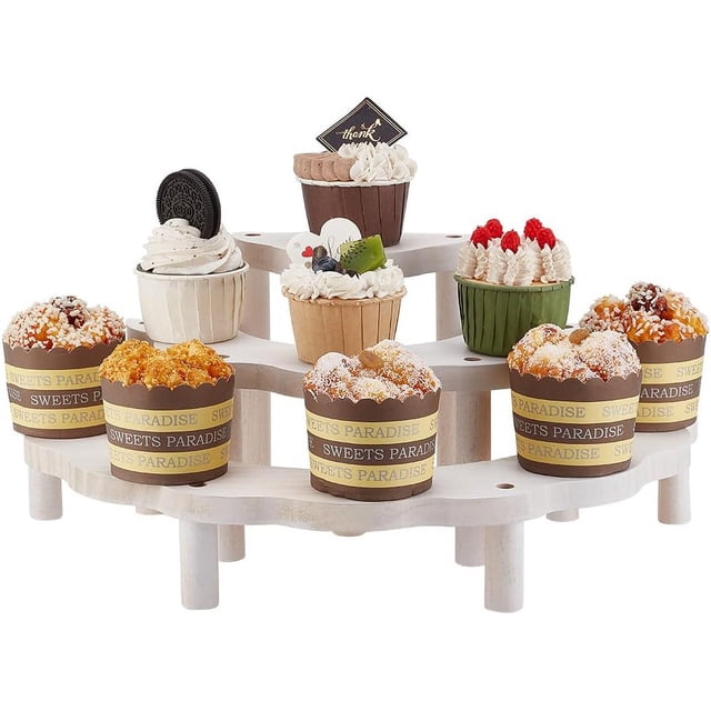 Exhibidor de cupcakes de 3 niveles, elevador de postres semicircular de madera, exhibidor de pasteles de madera blanca con diseño floral, elevador de postres rústico de madera para cupcakes