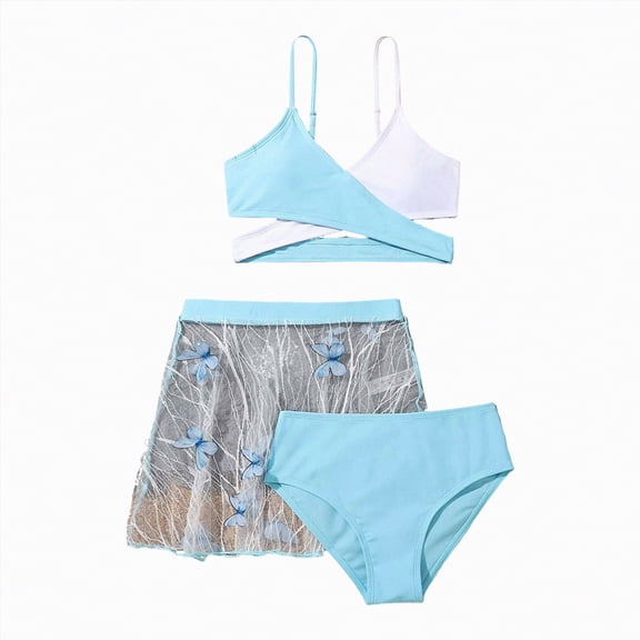 TOWED22 Teen Girls Swimsuit 3 Piece Bathing Suits Flower Print Bikini Tankini Set Quick Dry with Swim Cover Up Light Blue,8-9 Y