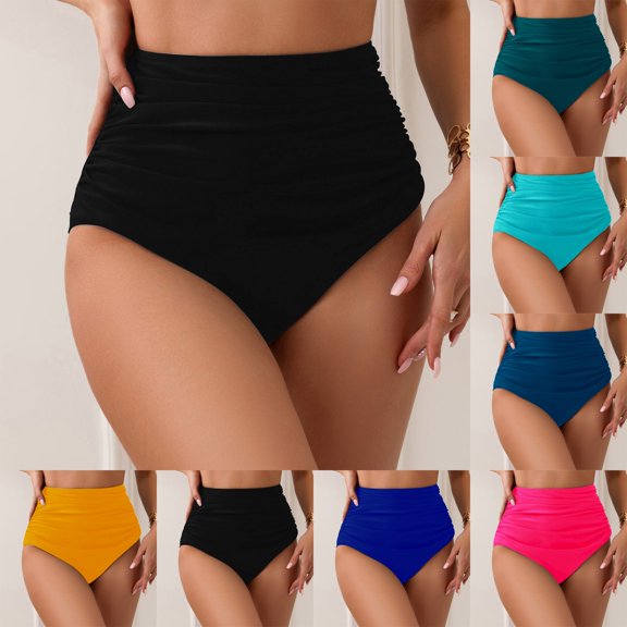 Pandaie Women's High Waisted Bikini Bottom Tummy Control Ruched Bathing Suit Swim Bottoms Full Coverage Swimsuit Shorts Black,L