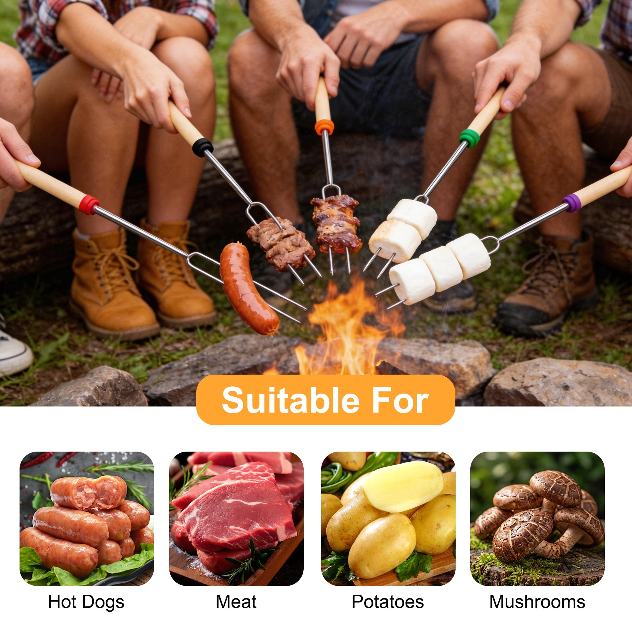 8 Pack Roasting Sticks, Extendable Skewers For Grilling Stainless Steel BBQ Forks with Wooden Handle & Storage Bag, Portable Camping Cookware for Hot Dog, Marshmallow