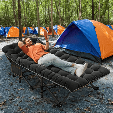 Folding Camping Cot W/Mat For Adults, Heavy Duty Outdoor Bed With Carry Bag,1200 D Layer Oxford Travel Camp Cots 75x28IN