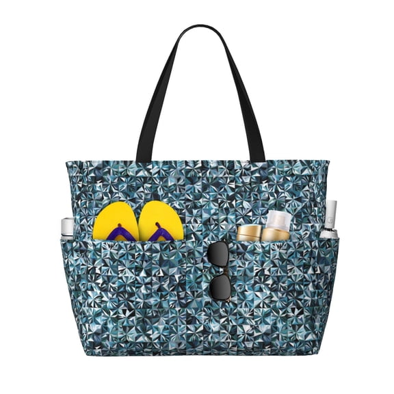 Large Beach Bags Water-resistant Sandproof - Bling sparkly gemstone blue print Cute Beach Tote Bags for Women with Zipper