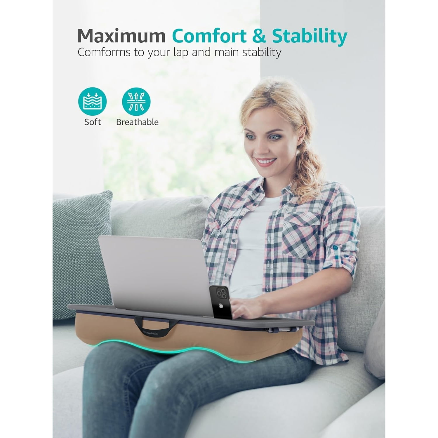Lap Desk | Portable Laptop Desk & Stand – Fits Up to 17 inch – Washable Cushion, Built-in Phone Holder – for Bed, Couch, Sofa, Floor – Writing, Reading, Home Office – Large, Coffee