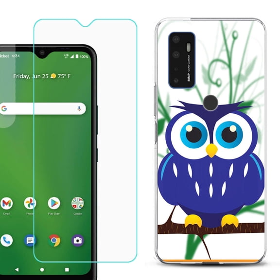 Slim-Fit Gel TPU Phone Case for Cricket Dream 5G, with Tempered Glass Screen Protector, by OneToughShield ® - Blue Owl