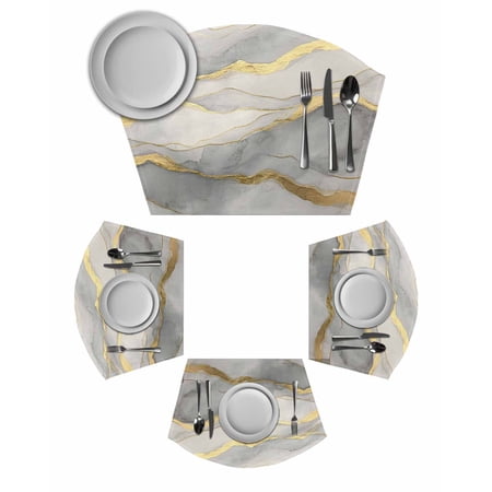 Marble Grey Round Placemats Set of 4, Modern Gold Luxury Neutral Texture Placemats for Round Dining Table Shape Wedge Placemats for Outdoor Indoor Wipeable Clean Table Place Mats