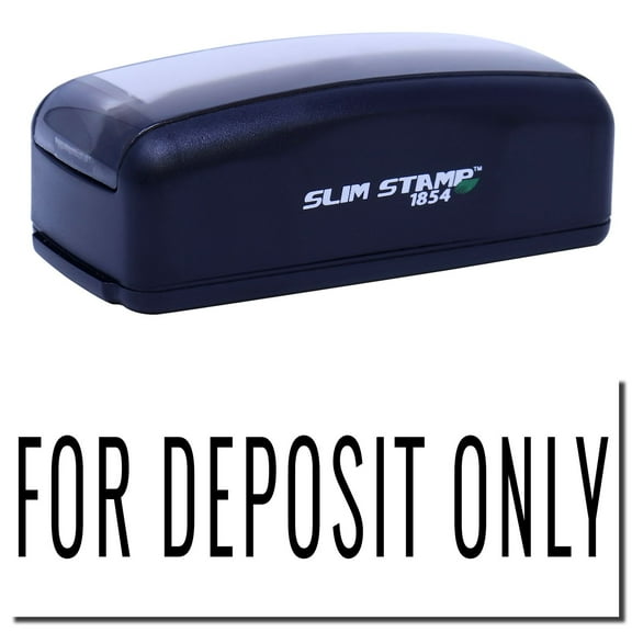 Large Pre-Inked Narrow For Deposit Only Stamp, Slim 1854, Ultra Slim Design, Impression Size 1-13/16" by 2-1/2", Up to 25,000 Impressions - Black Ink