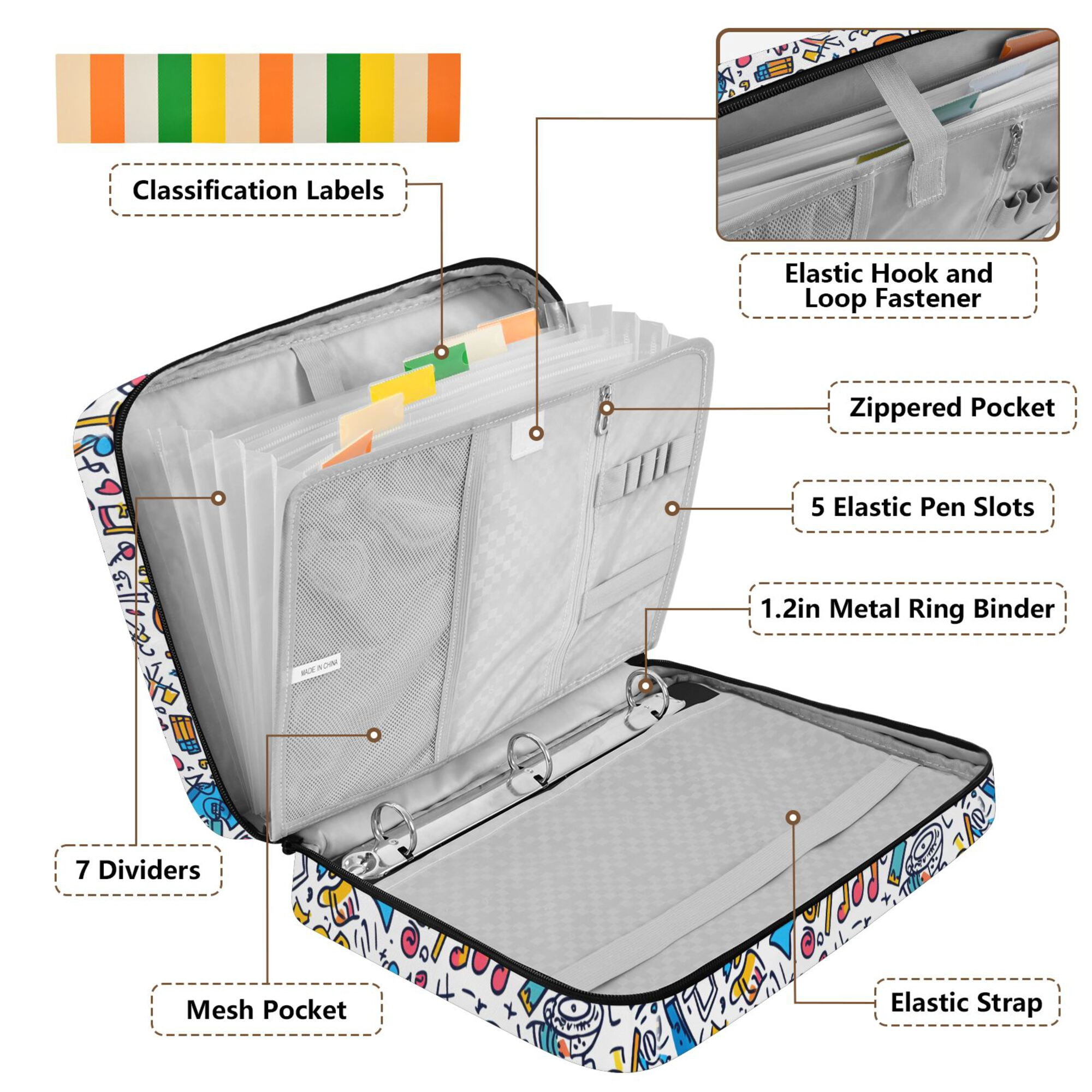 FORMRS Accordion File Folder A4 Size 7-Pocket Expanding Document Organizer Bag with 3 Ring Binder, Doodle Pattern