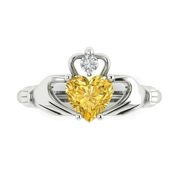 1.05 ct Heart Cut Simulated Yellow Diamond Claddagh Engagement Ring for Women in 14K White Gold