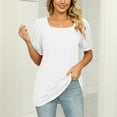 thumbnail image 4 of Women Summer Casual Shirts Solid Color Square Neckline Pleated Short Sleeved Bubble Sleeved Women's Bottom Shirt, 4 of 6