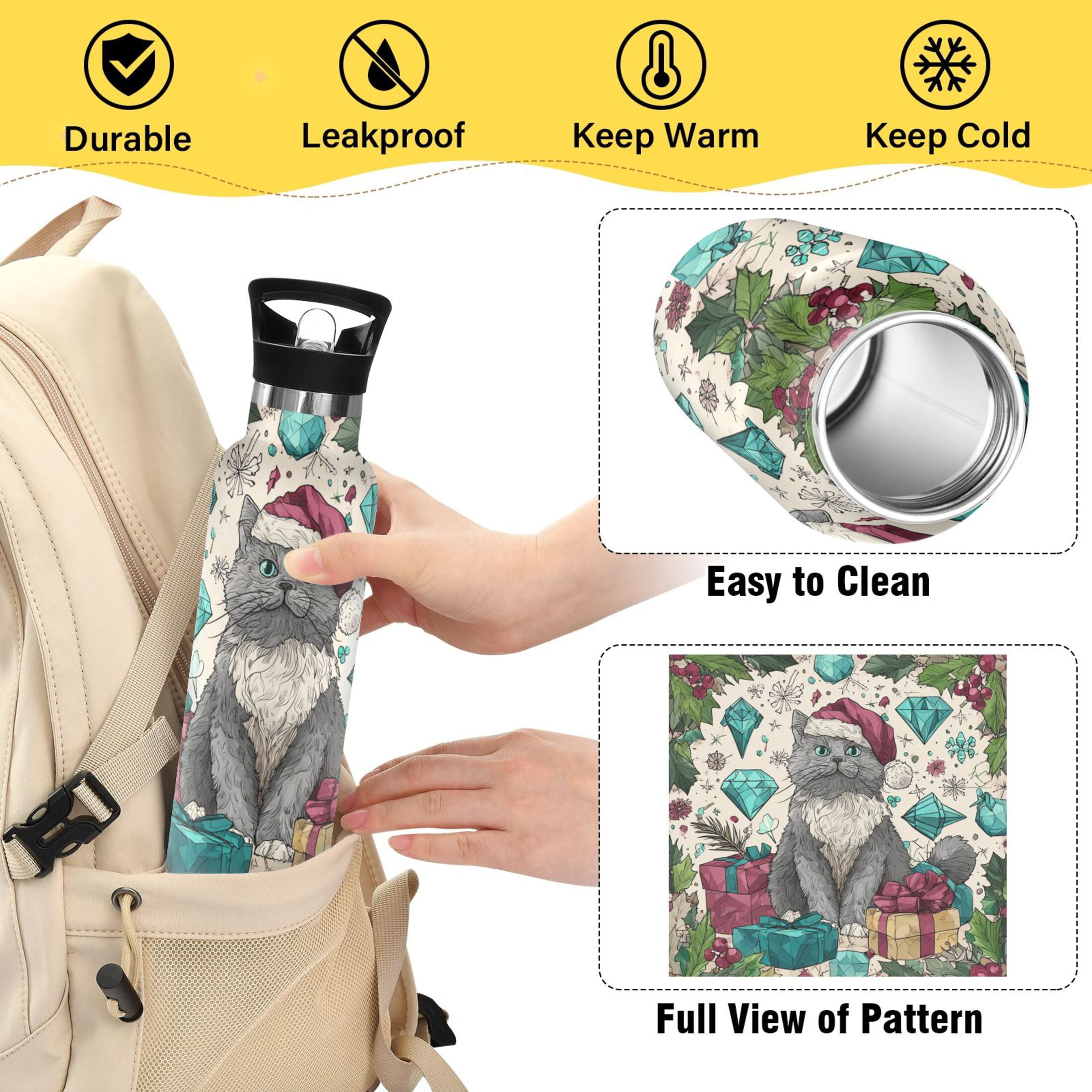 600ML Stainless Steel Insulated Cup Sports Water Bottle Portable Thermos Cup Water Glasses Insulated Tumblers Convenient and Durable Magical Christmas Beautiful Cat