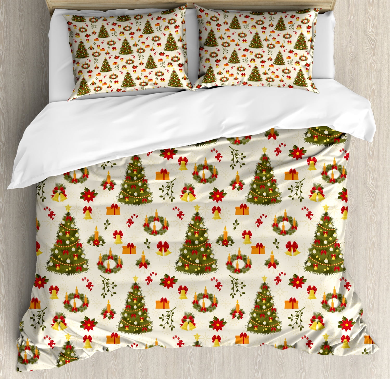 Christmas King Size Duvet Cover Set, Fir Tree Garland and Bells Festive