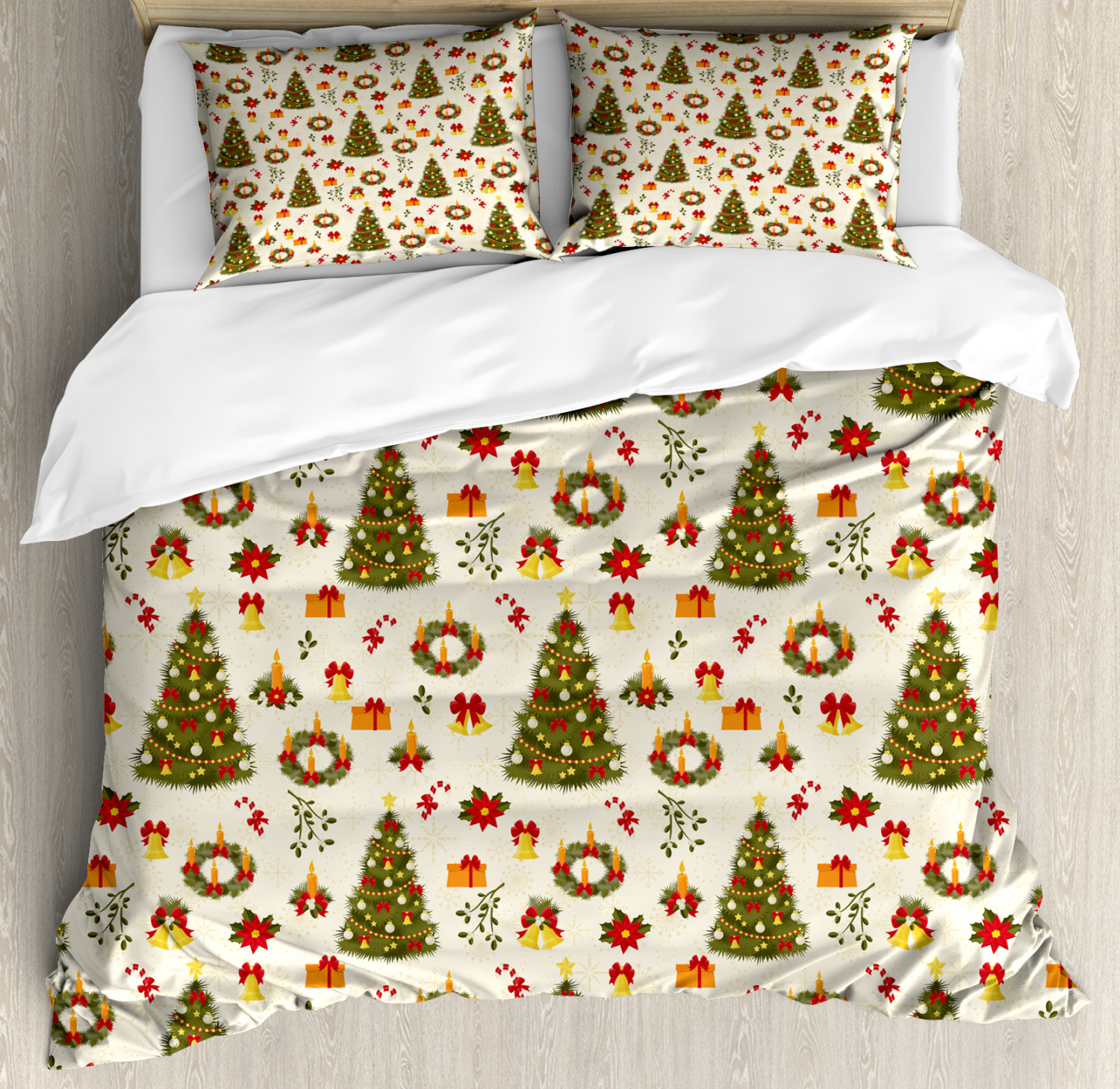 Christmas King Size Duvet Cover Set, Fir Tree Garland and Bells Festive Ornaments Xmas Themed 