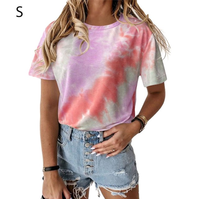 Camiseta de mujer Cuello redondo Manga corta Tie-dye Printed Casual Top, Wine Red, S kenally AP000470-04