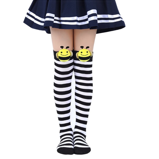 Gupgi Chaussettes Hautes Jusqu'aux Genoux pour Filles 7-12 Ans Bas Rayés pour Fille Chaussettes Bee