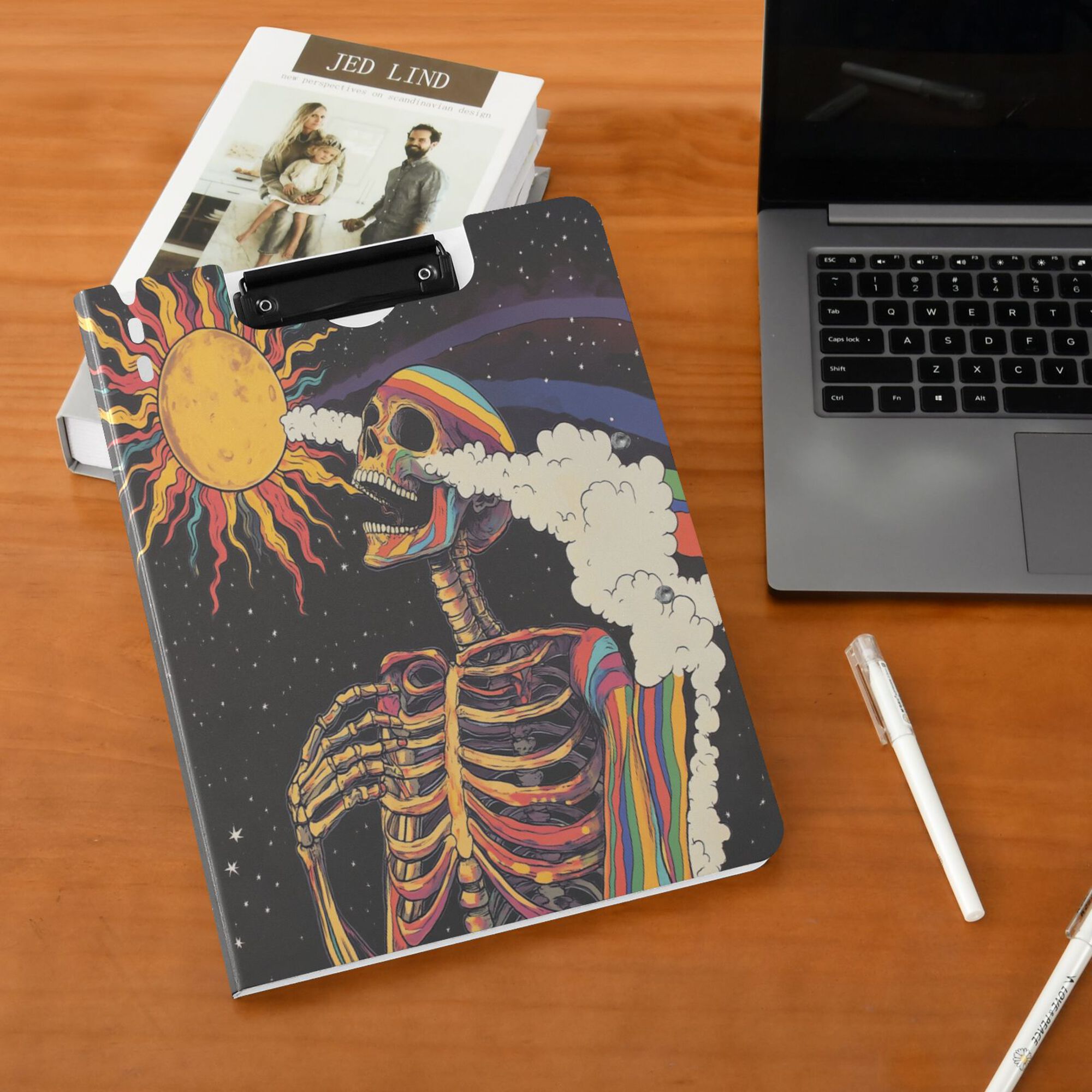 FORMRS A4 Clipboard Folder with Pen Holder Horizontal Foldable School Office Binder, Colorful Skeleton with Cloud
