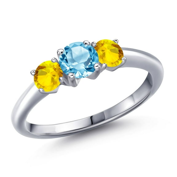 Gem Stone King 925 Sterling Silver Swiss Blue Topaz and Yellow Sapphire Engagement Ring for Women | 1.37 Cttw | Round 5MM | Gemstone November Birthstone | Size 5