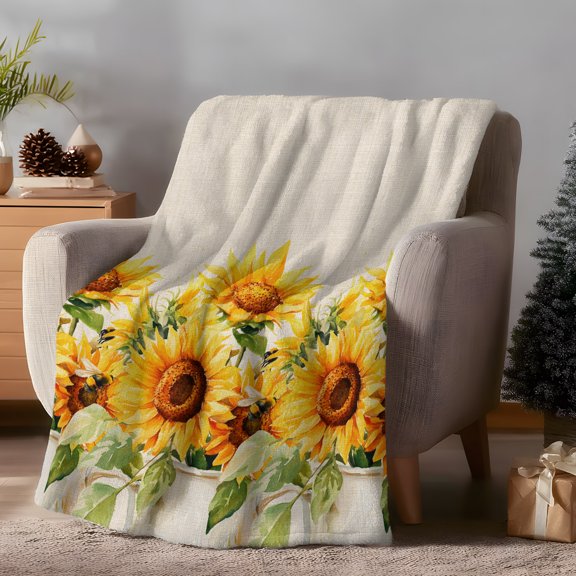 Throw Blanket Fleece Throw Blanket 40x50in, Summer Sunflower Watercolor Soft Lightweight Bed Blankets Farm Plant Retro Linen Fuzzy Couch Blankets for All Season