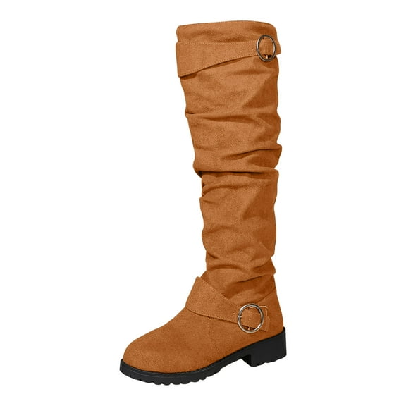 Vintage Suede Slouchy Knee High Boots for Women Slip On Wide Calf Riding Booties Block Low Heel Over The Knee Fall Boots Orange Size 7