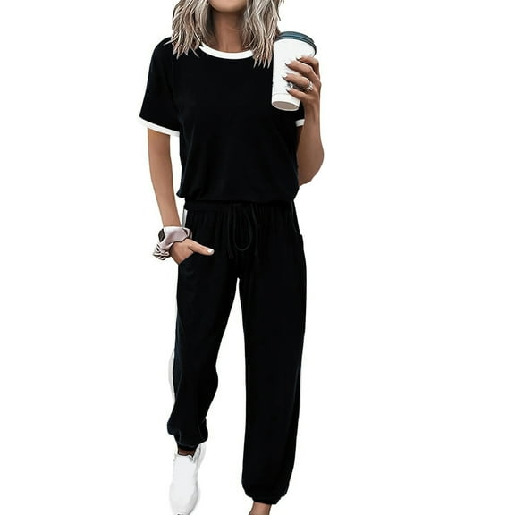 Deal of The Week Oversized Tshirts for Women Women's 2 Piece Outfits Matching Knit Sweater Sets Pullover Tops and High Waisted Pants Tracksuit Sweatsuit Ndbuld Black S