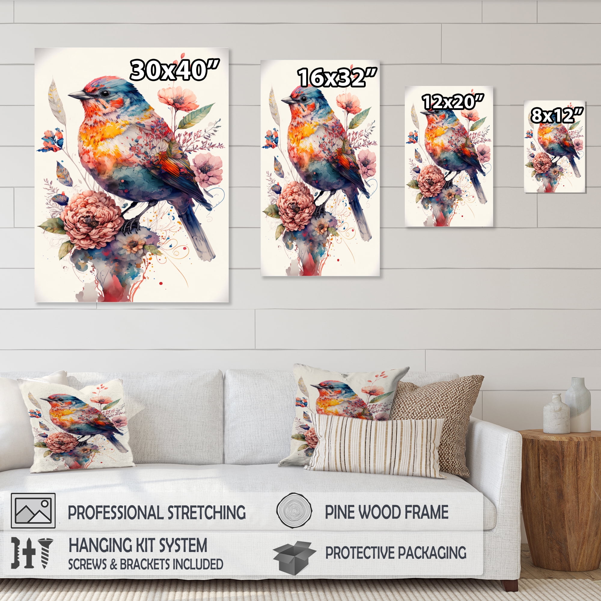 Designart Cute Bird Floral Art Canvas Wall Art