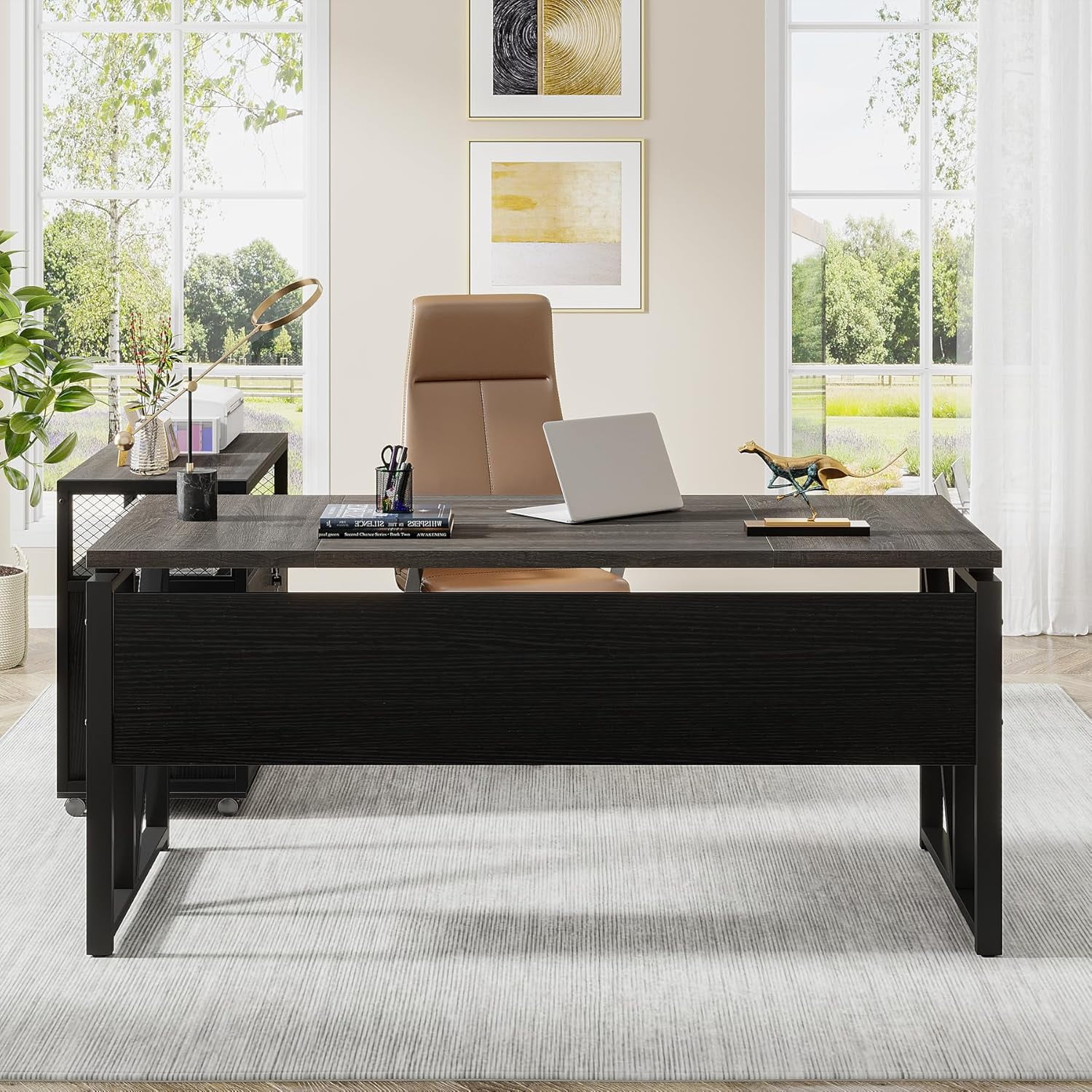 Tribesigns Home Office L Shape Executive Desk with Drawer Cabinet, Gray