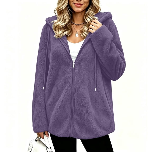 Scyoekwg Women's Hooded Fleece Zip Up Jacket Long Sleeve Drawstring Sherpa Coat with Side Pockets Soft Warm Loose Fit Fall Winter Outerwear,Size:S-XXL