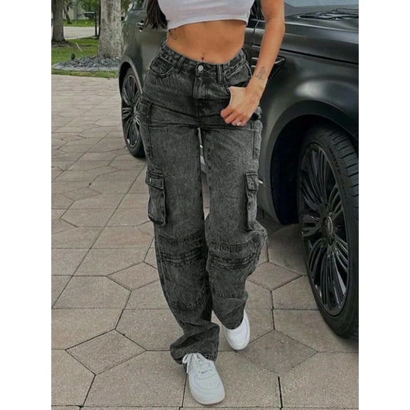 Women's High - Waisted Cargo Jeans Loose Wide - Leg Fit Y2K Streetwear Trend Ladies' Denim Pants With Multiple Pockets Cotton Denim Multi - Pocket Design Washed Black Fashion Casual Pants for Daily