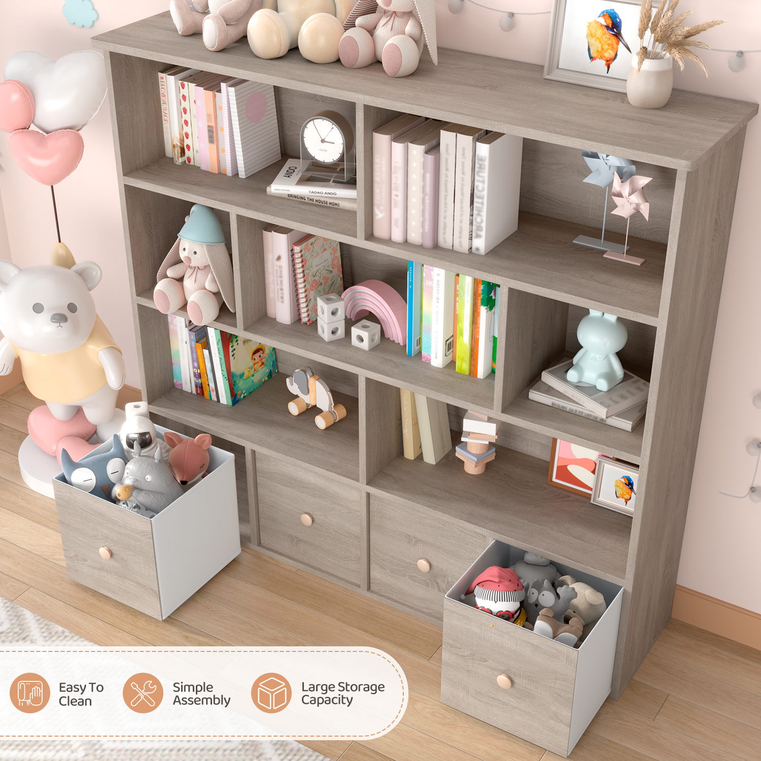Erinnyees Kids Toy Organizer: 4-Drawer Bookshelf with 7 Cubbies, Natural