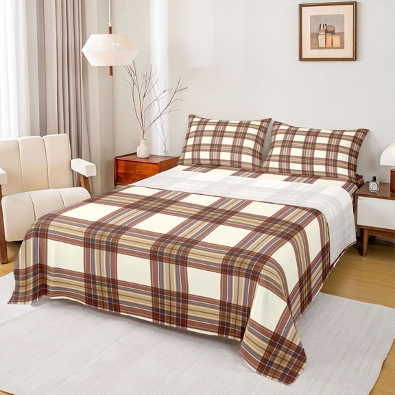 Homewish Minimalist Plaid Stripes 3pcs Twin Sheet Sets For Female Men Adults,Blue Wheat Blue Twin Fitted Sheet,Abstract Geometric Breathable Flat Sheet,Luxury Bedroom Decor