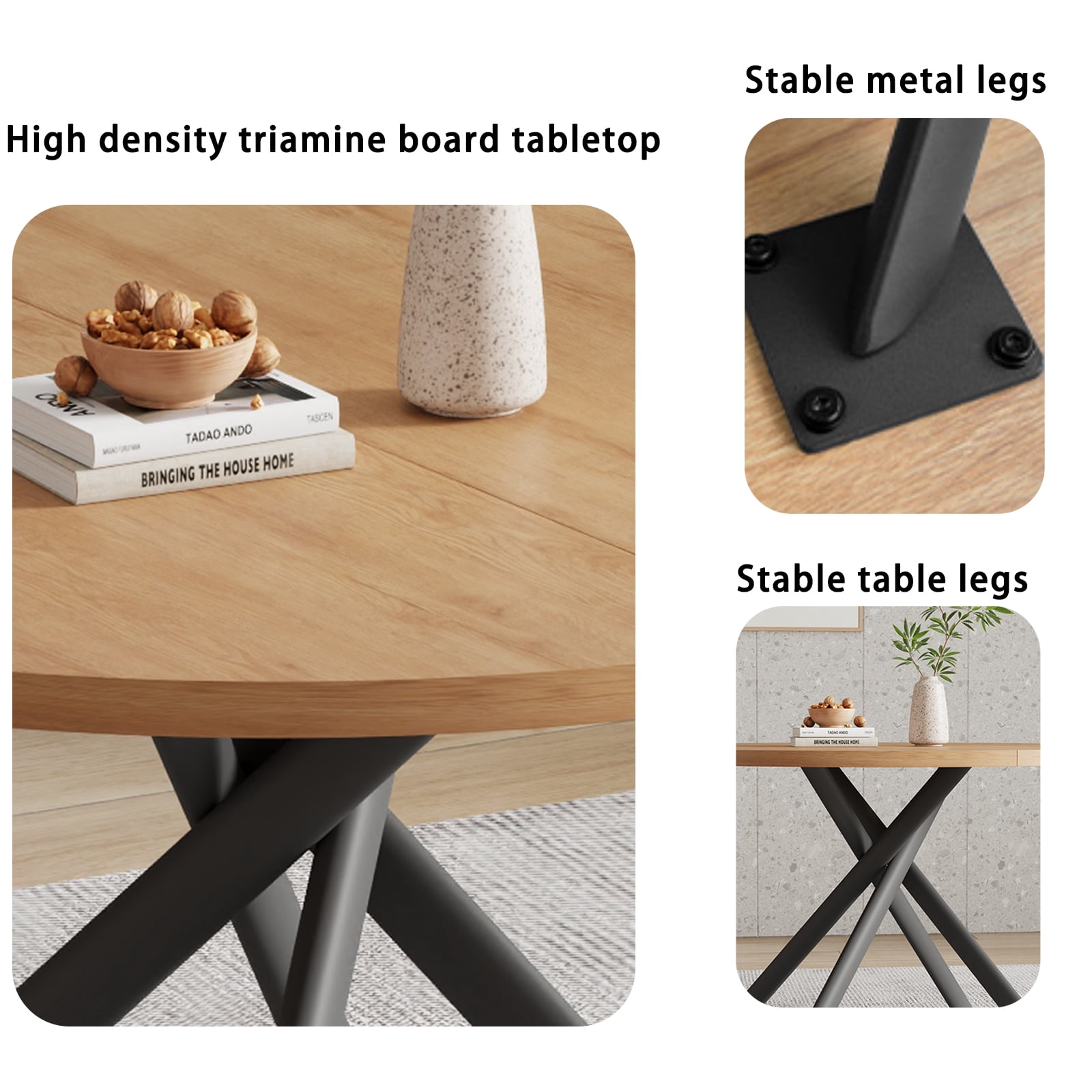 jiexi 45.3" Round Dining Table Set, Mid Century Modern Round Dining Table for 6 Person, with Steel Legs, Coffee Table for Kitchen Dining Room, Office, Save Space