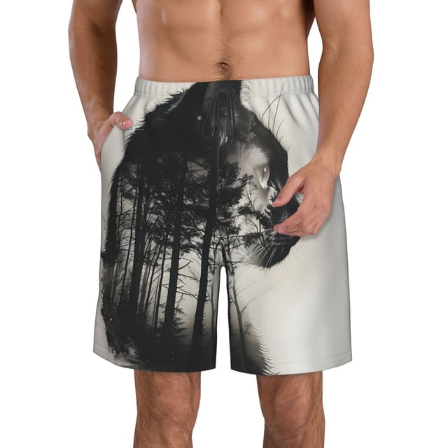 Fotbe Double Exposure Cat Forest Trajes de Baño Estampados para Hombre, Shorts de Verano de Secado Rápido, Ropa de Playa, Bañadores-Large