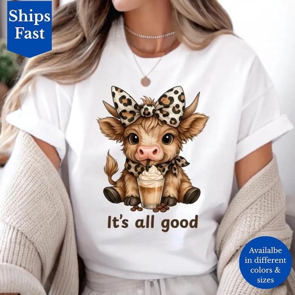 Retro Highland Cow with Leopard Print Bow Coffee Lover Graphic T-Shirt Women White Crew Neck Tee Western Boho Style Funny Animal Illustration Apparel