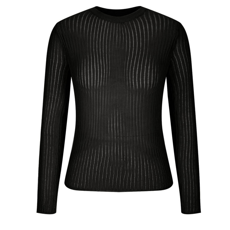 Women See Through Crew Neck Sheer Mesh Knitted Sweater Solid Basic Long  Sleeve Fit Pullover Beach Cover ups Jumper 