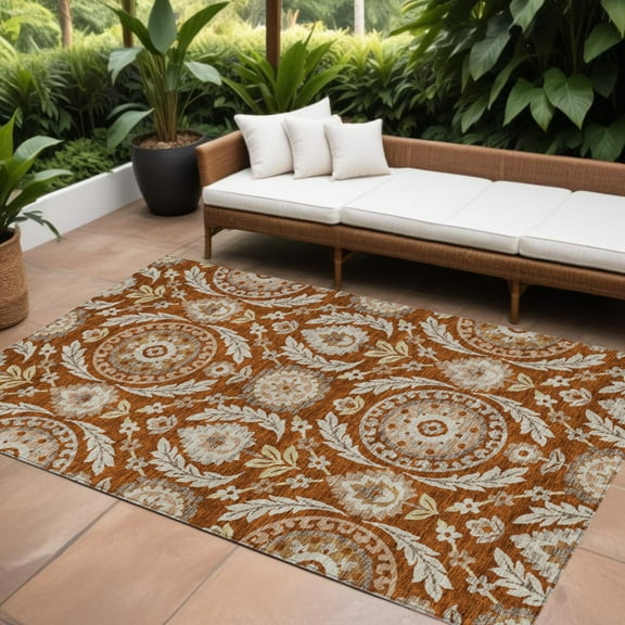8' X 10' Orange Taupe And Gold Floral Washable Indoor Outdoor Area Rug