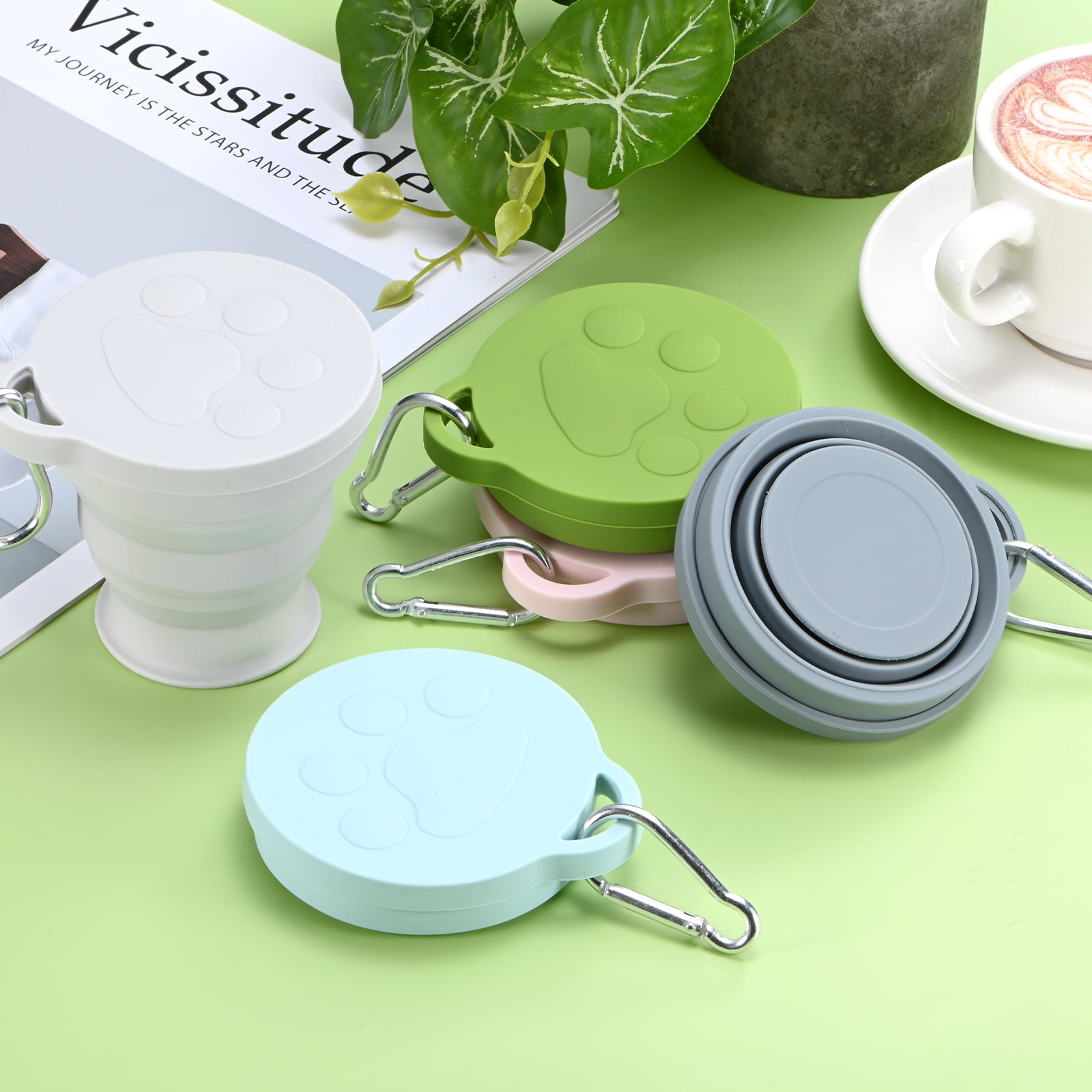Uxcell 4 Pack Collapsible Travel Cup, 6oz(180ml) Silicone Cat Paw Portable Foldable Water Cup Bottle with Spring Buckle [Light Gray]
