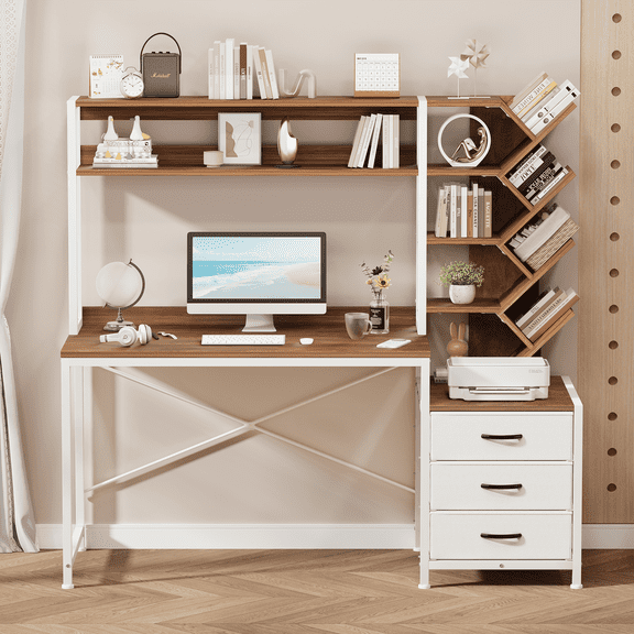 Reversible Computer Desk with Hutch, Home Office Desk with Drawers and Bookshelf, 52'' Study Writing Desk with Storage Shelves for Bedroom Home Office, Brown and White