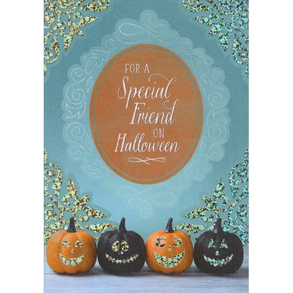 Designer Greetings 4 Pumpkins and Holographic Foil Vines on Blue Halloween Card for Friend
