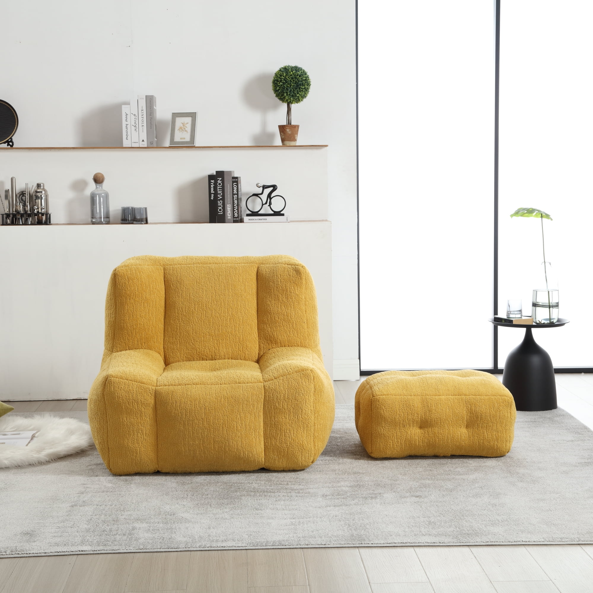 Accent Chair with Ottoman Set,Modern Velvet Bean Bag Chair for Adults and Childs,Upholstered Lazy Sofa Chair Armchair for Living room, Bedroom, Apartment,Yellow