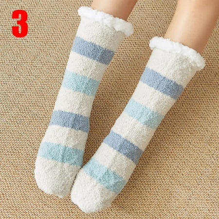 

1 Pair Indoor Socks Warm Thicken Stripe Stretchy Soft Anti-slip for Winter Home New