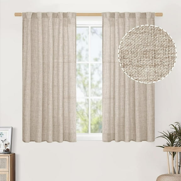 LKIFFA-Linen Curtains 54 Inch Length for Short Window, Light Filtering Textured Drapes for Bathroom Kitchen Bedroom Cafe Rod Pocket Ring Clips, 2 Panels, 42 Inch Wide Each Panel