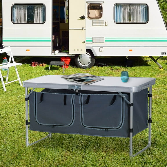 Outsunny 47" Aluminum Folding Camping Table, Adjustable Height Outdoor Picnic Table with Carrying Handle And Storage Organizer Cabinets
