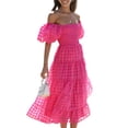 thumbnail image 6 of Biekopu Women's Summer Casual A-line Dress,Short Puff Sleeve Off Shoulder Midi Plaid Dress, 6 of 7