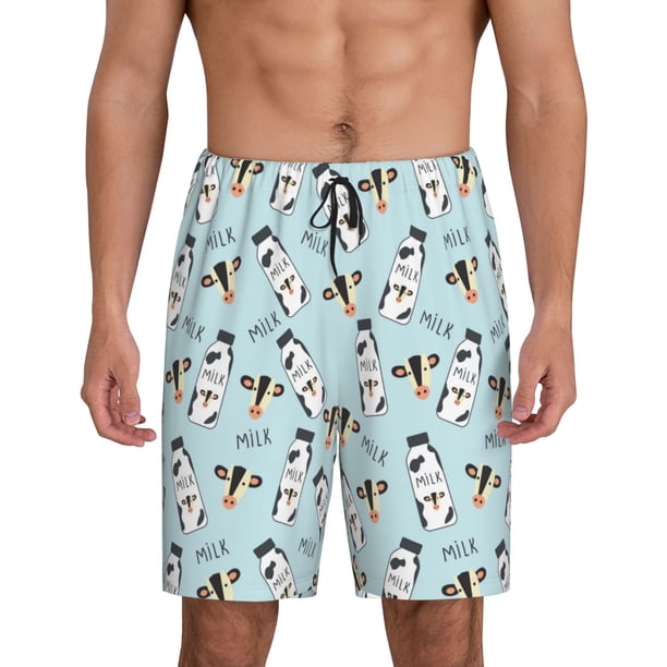 Balery Milk Bottles And Cow Head Pantalones cortos de pijama de punto de algodón para hombre con cinturilla y bolsillos-X-Large