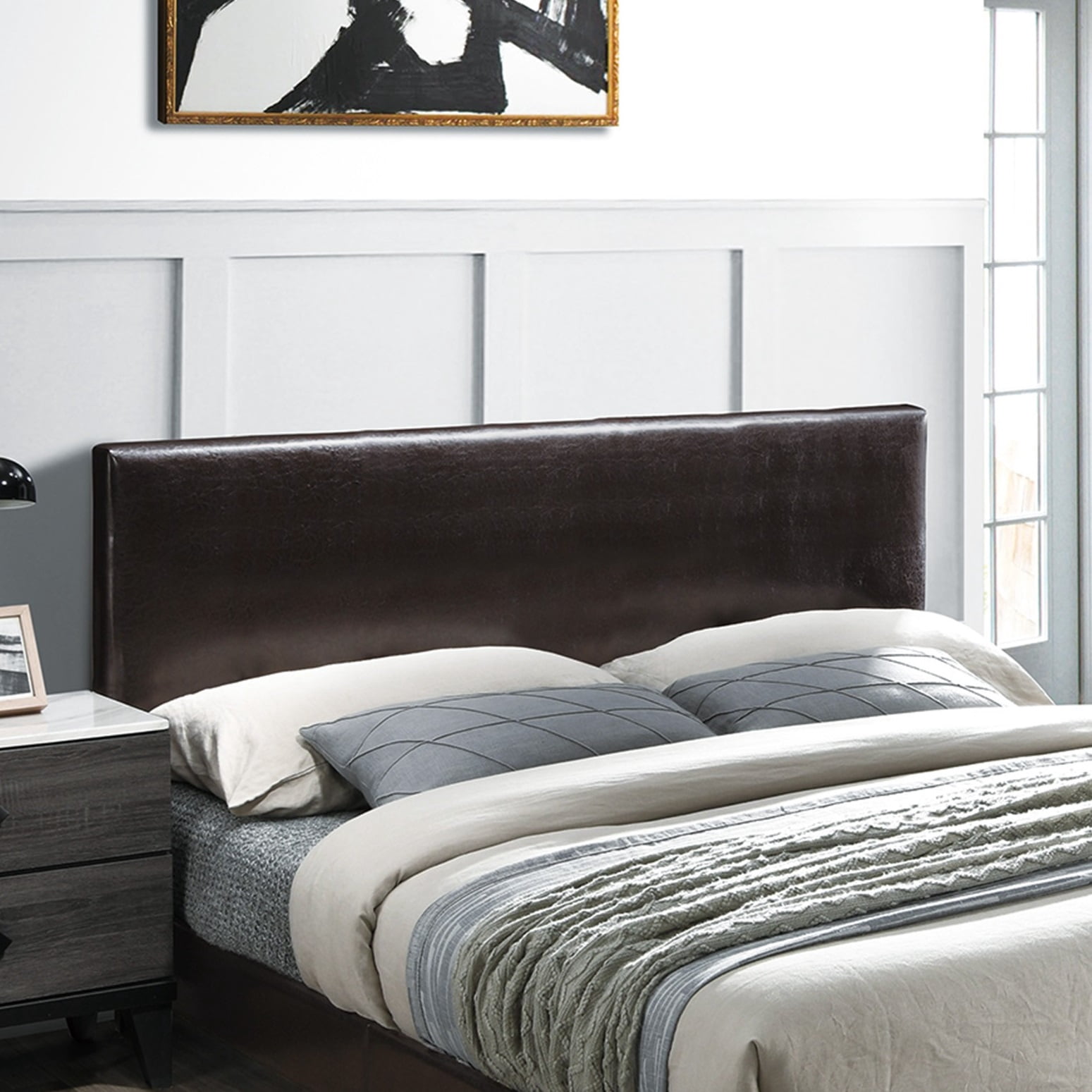 Bed Frame Modern Brown 1pc Queen Size Bed Faux Leather Upholstered Bedframe Bedroom Furniture Adjustable Headboard