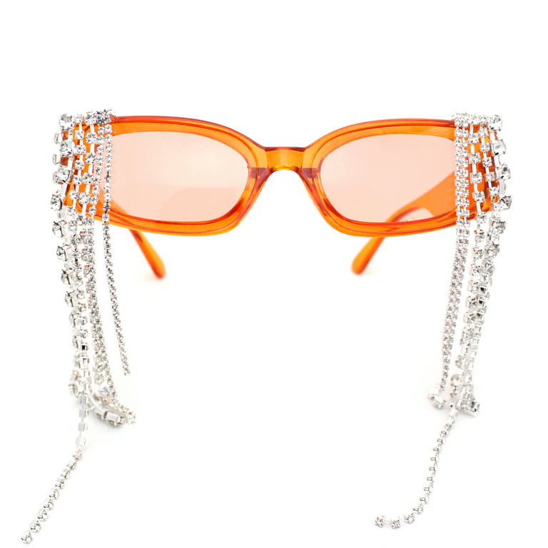 Heavy Dripping Rhinestone Tassel Bling Luxury Rectangle Sunglasses Orange 