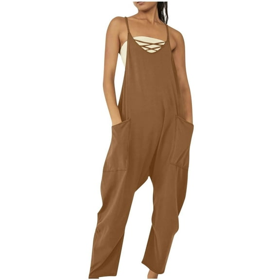 Prolriy Jumpsuits for Women, Casual Summer Jumpsuits Sleeveless Loose Spaghetti Strap Overalls Jumpers Womens Jumpsuit Coffee XL