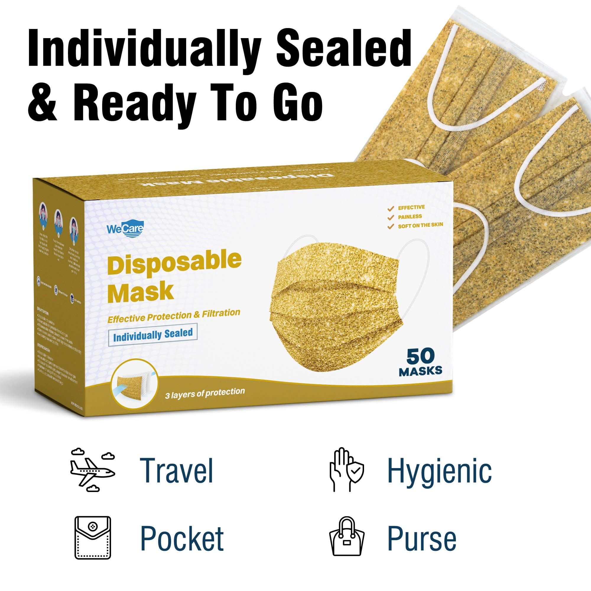 Disposable Face Masks 3-Ply Individually Wrapped , 50ct - Gold