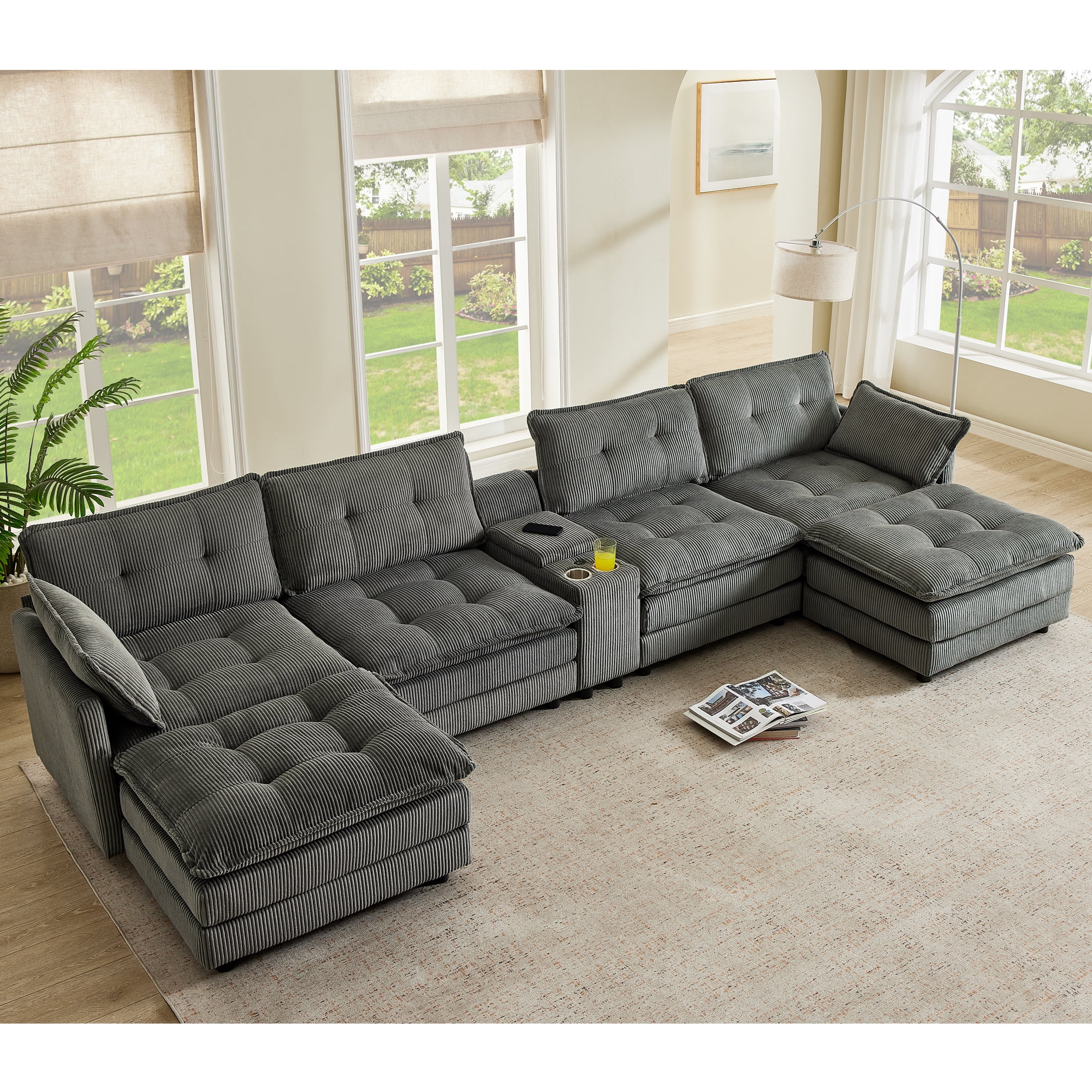 Gewnee 154" U-Shaped Sectional Sofa,Modern Corduroy Modular Sofa Couch with Storage Function,USB &Cup Holders,Movable Ottoman Sectional Couch for Living Room,Gray