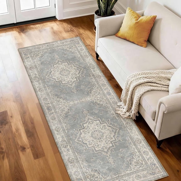 Washable 2x6 ft Runner Rug, Non-Slip Low Profile Soft Kitchen Runner Rug, Vintage Distressed Medallion Oriental Rug for Kitchen, Hallway, Laundry Room & Bedroom
