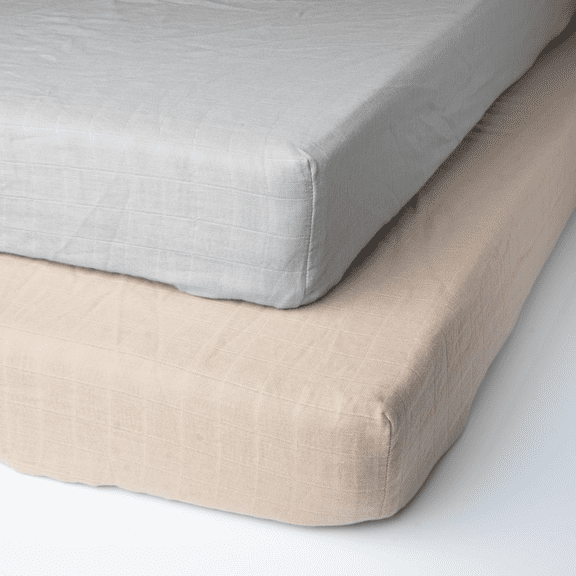 Top Cotton 100% Organic Cotton Crib Sheets Set of 2, Fitted Elastic Baby Mattress Sheet for Boys & Girls, Soft Breathable Sheets, 52" x 28" x 9" (Beige & Silver)